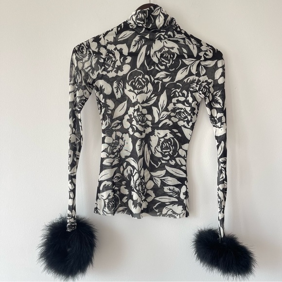 ❌SOLD❌Afrm x Revolve Miki Black Noir Rose Mesh turtleneck top with faux fur cuff - Picture 4 of 12